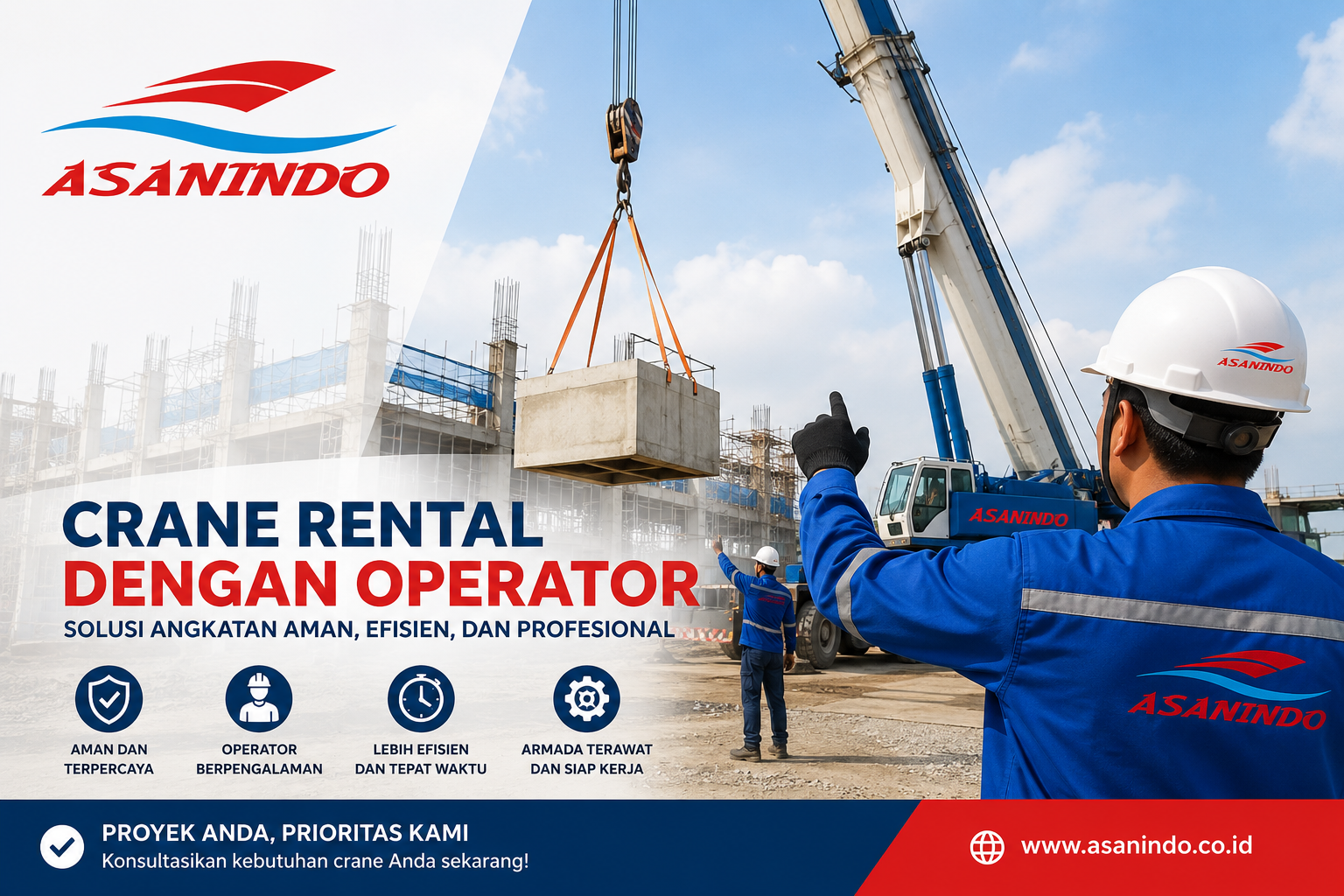 Crane Rental dengan Operator menggunakan mobile crane ASANINDO untuk mengangkat material berat pada proyek konstruksi di Indonesia.