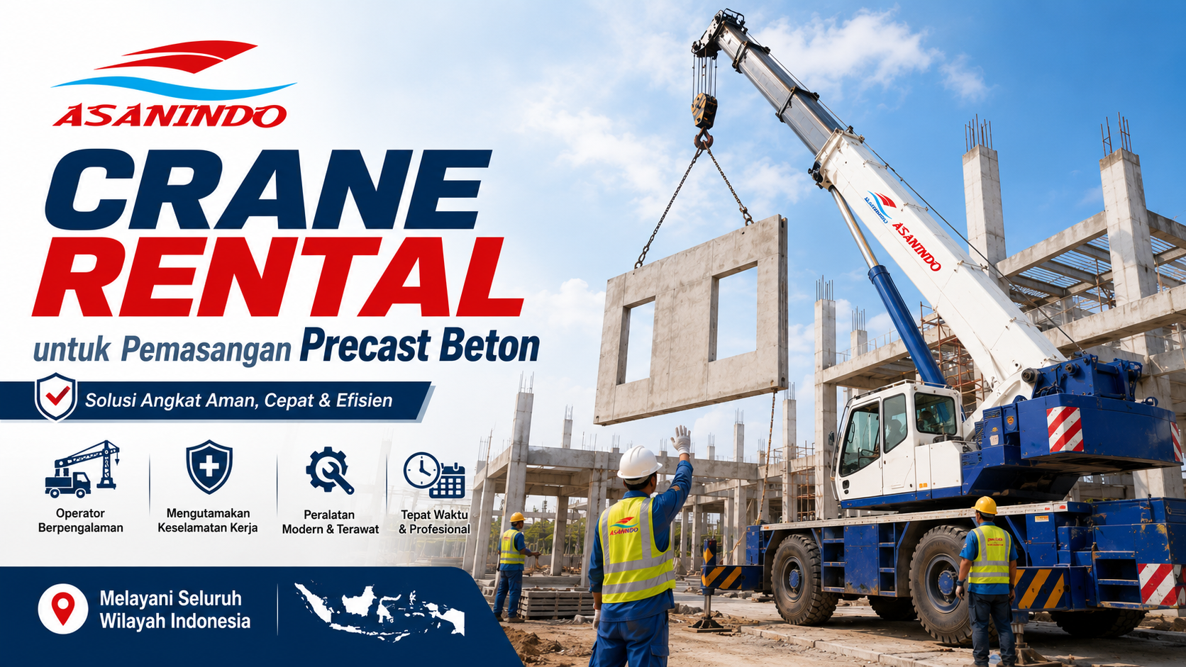 Crane Rental digunakan untuk mengangkat dan pemasangan precast beton pada proyek konstruksi di Indonesia