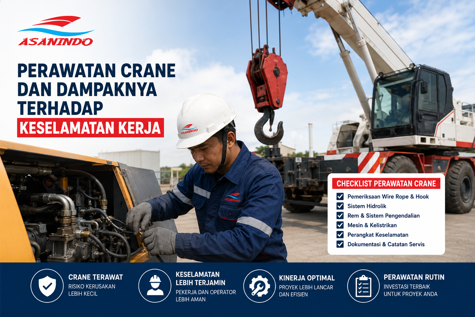 Perawatan Crane untuk menjaga keselamatan kerja dan keandalan alat pada proyek di Indonesia dengan layanan Sewa Crane Asanindo