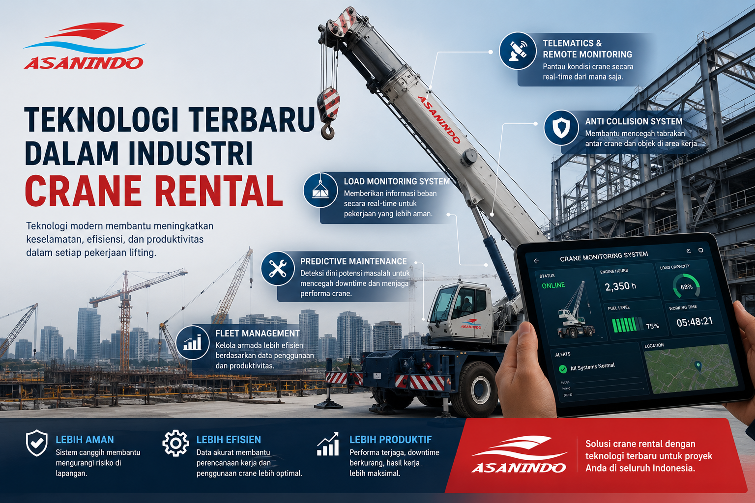 Teknologi Terbaru dalam Industri Crane Rental dengan sistem telematika, load monitoring, anti collision, remote monitoring, dan predictive maintenance pada mobile crane ASANINDO