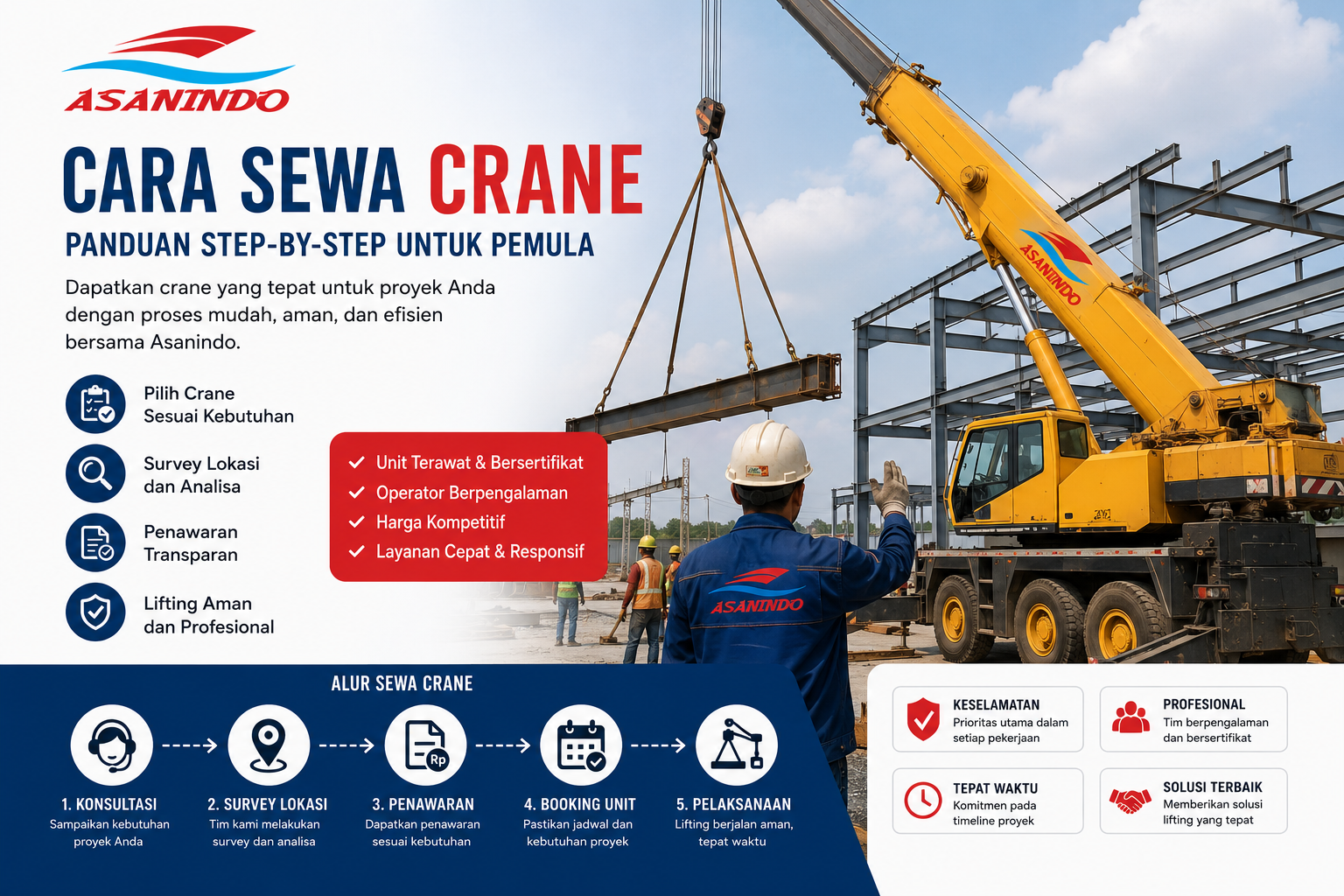 Cara sewa crane untuk pemula dengan layanan crane rentals profesional di Indonesia menggunakan mobile crane Asanindo