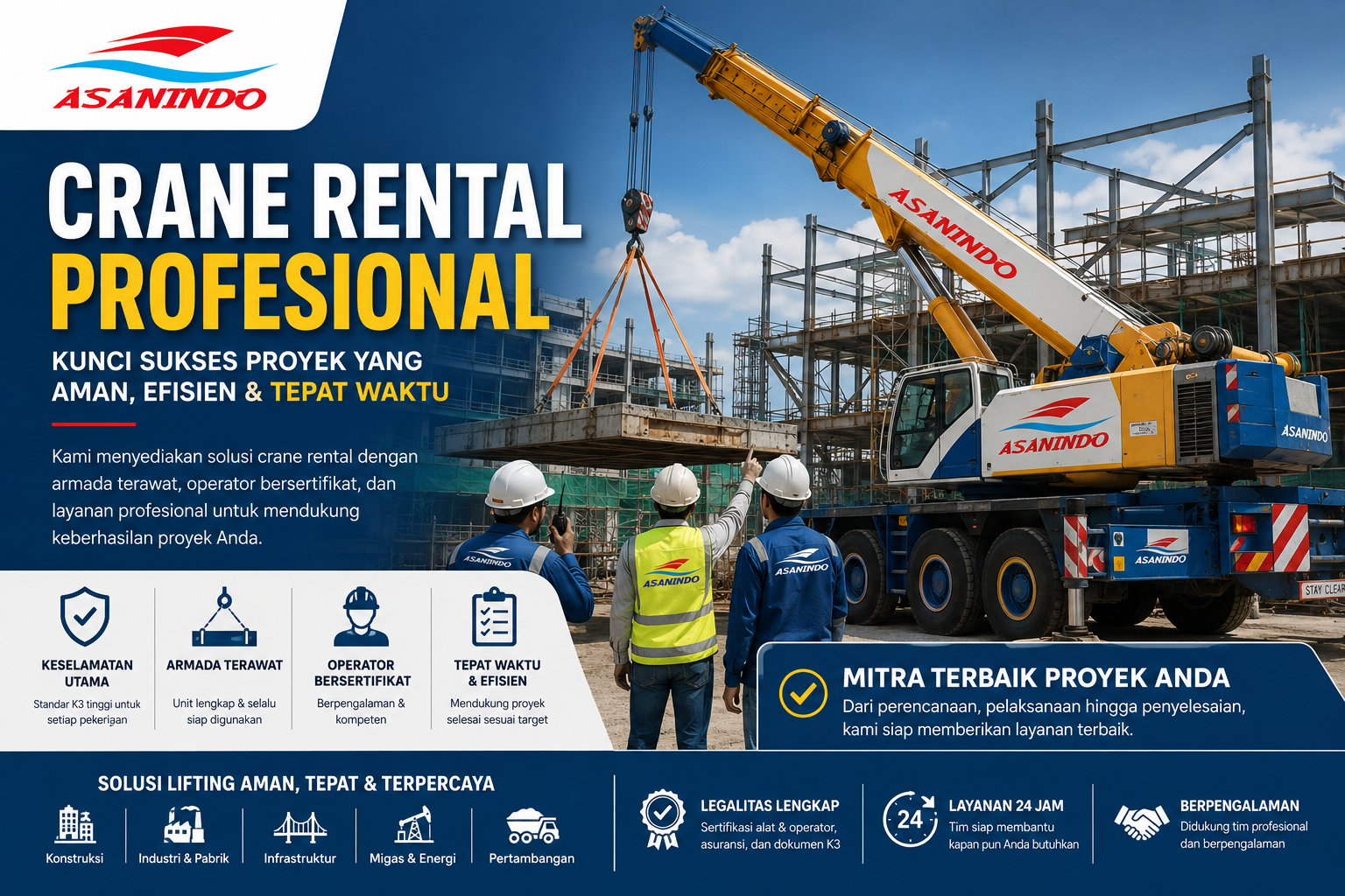 Crane rental profesional Asanindo dengan mobile crane dan operator bersertifikat untuk mendukung proyek konstruksi yang aman, efisien, dan tepat waktu di Indonesia.