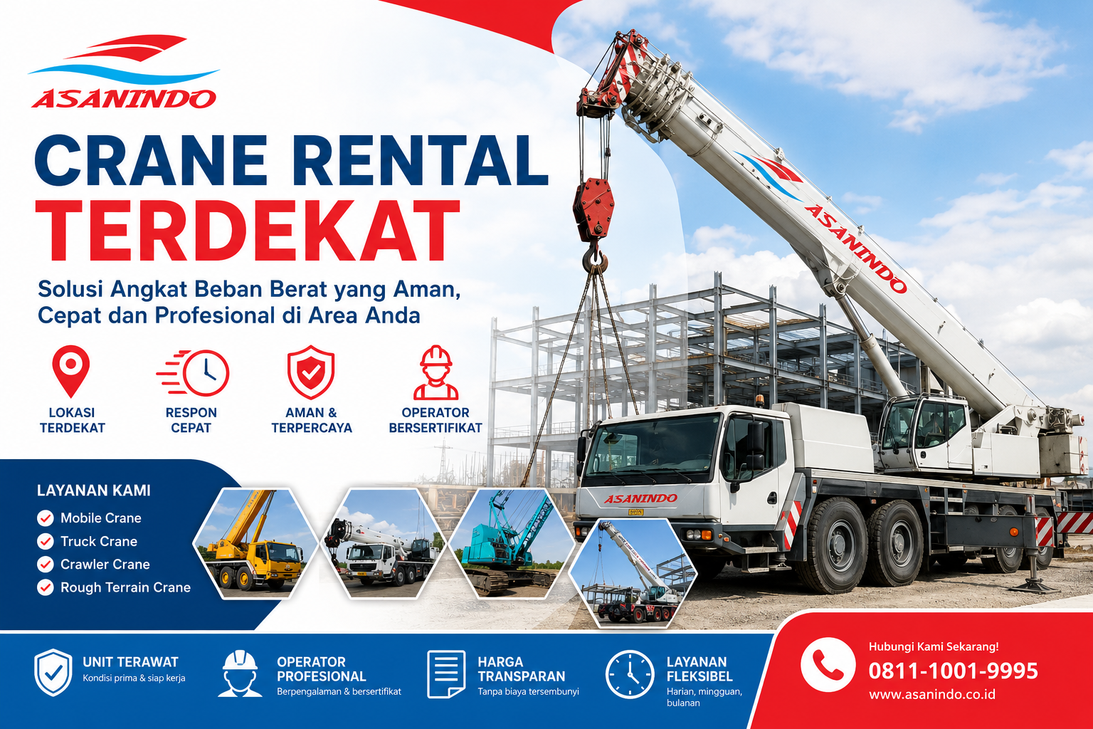Layanan crane rental terdekat ASANINDO dengan mobile crane untuk proyek konstruksi dan pengangkatan beban berat di Indonesia