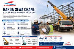 Harga Sewa Crane di Indonesia dengan ilustrasi mobile crane ASANINDO pada proyek konstruksi baja dan informasi faktor biaya rental crane.
