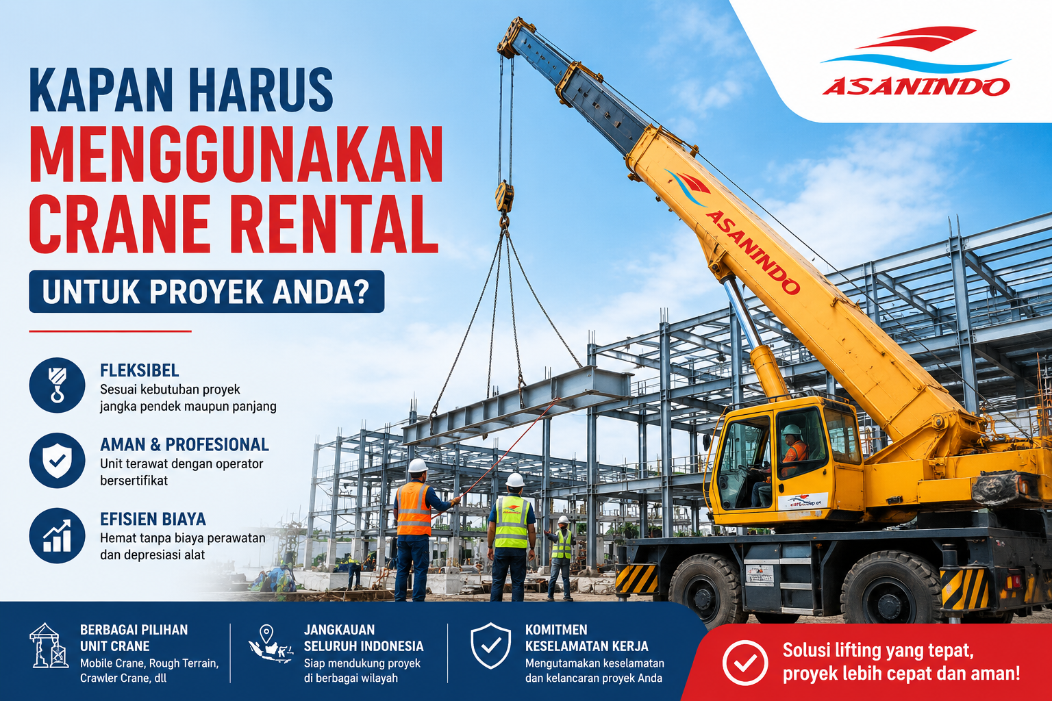 Crane rental untuk proyek konstruksi dengan mobile crane Asanindo mengangkat struktur baja di area pembangunan industri