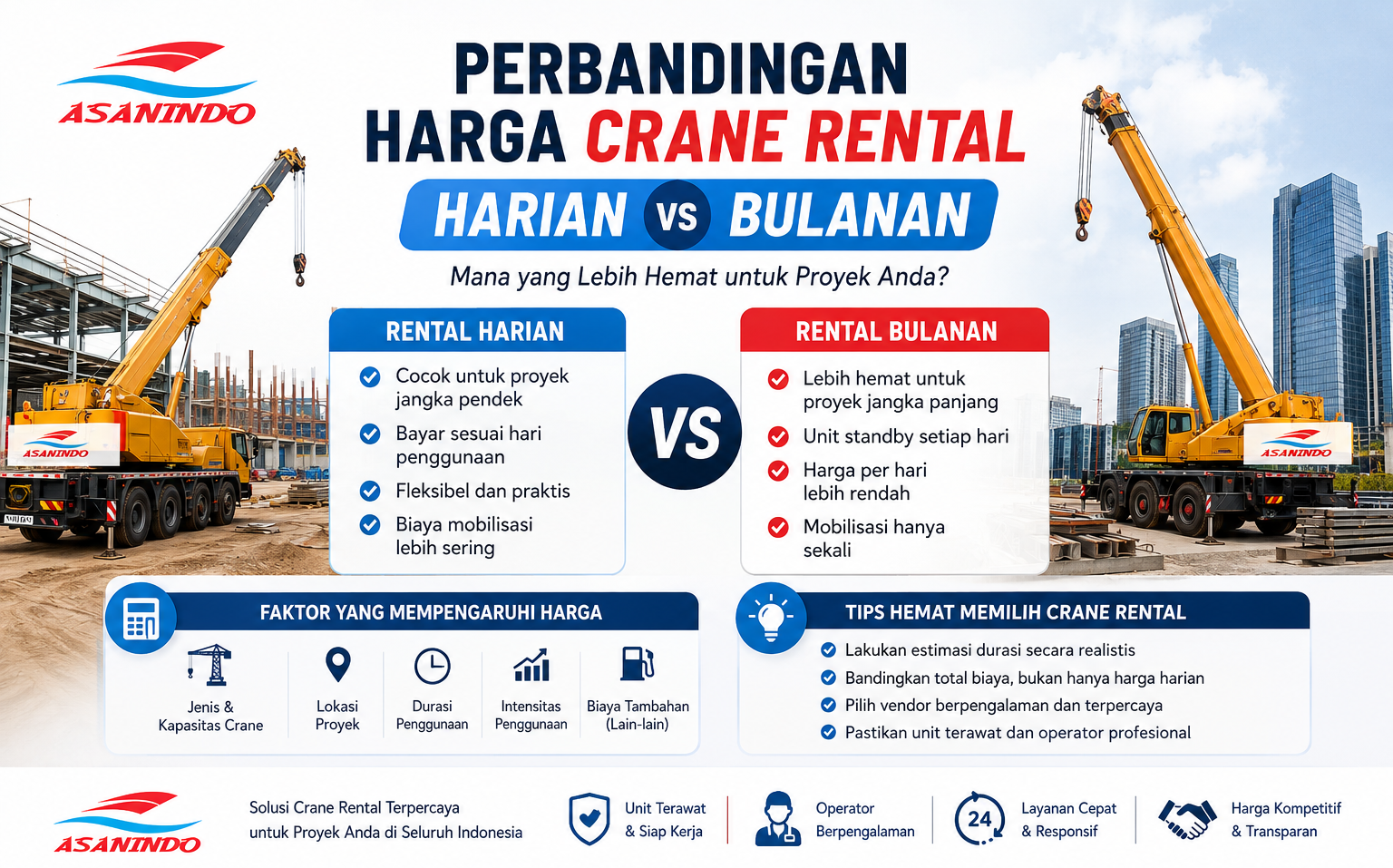 Perbandingan harga crane rental harian vs bulanan untuk proyek konstruksi di Indonesia