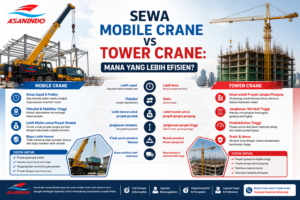 Mobile Crane vs Tower Crane untuk proyek konstruksi di Indonesia dengan perbandingan efisiensi biaya, fleksibilitas, dan penggunaan crane oleh Asanindo