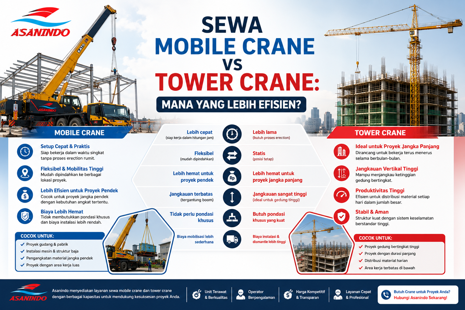 Mobile Crane vs Tower Crane untuk proyek konstruksi di Indonesia dengan perbandingan efisiensi biaya, fleksibilitas, dan penggunaan crane oleh Asanindo