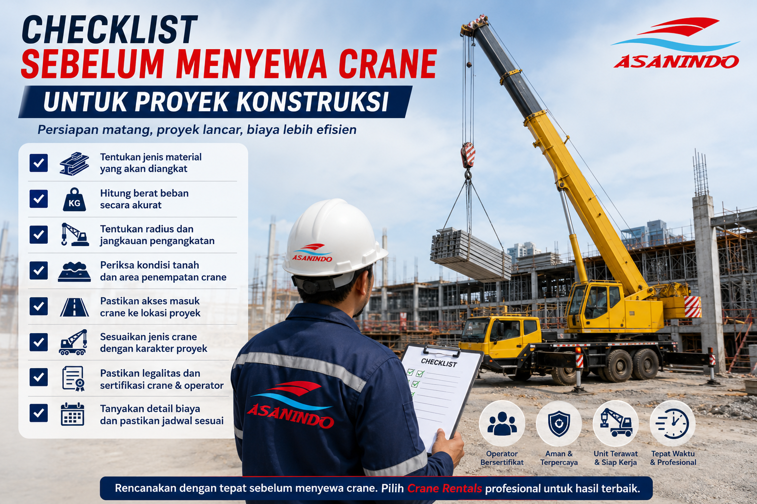 Checklist Sebelum Menyewa Crane untuk proyek konstruksi di Indonesia dengan layanan Crane Rentals profesional dari Asanindo.