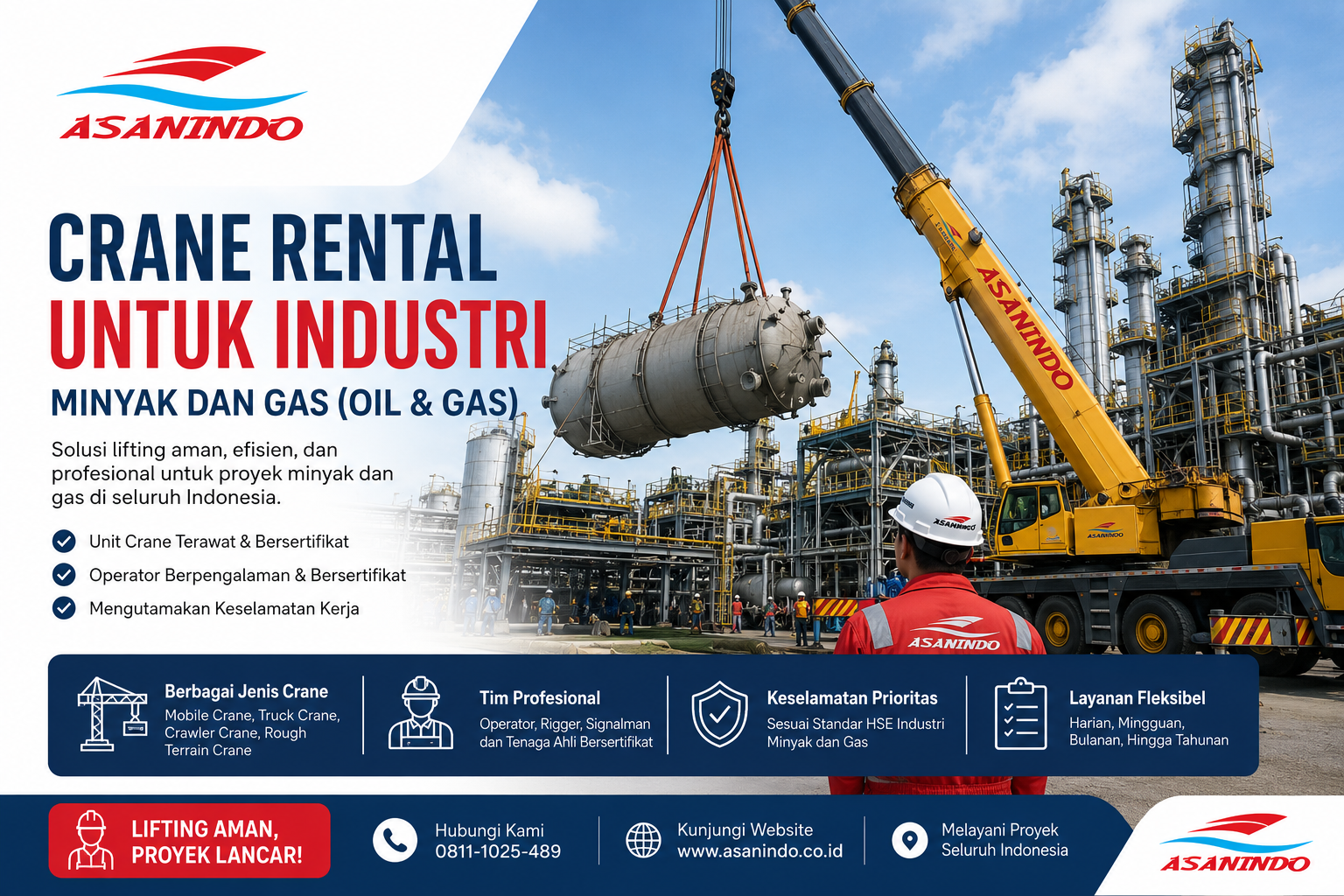 Crane Rental untuk Industri minyak dan gas menggunakan mobile crane untuk pengangkatan vessel pada proyek kilang dan fasilitas oil and gas di Indonesia.