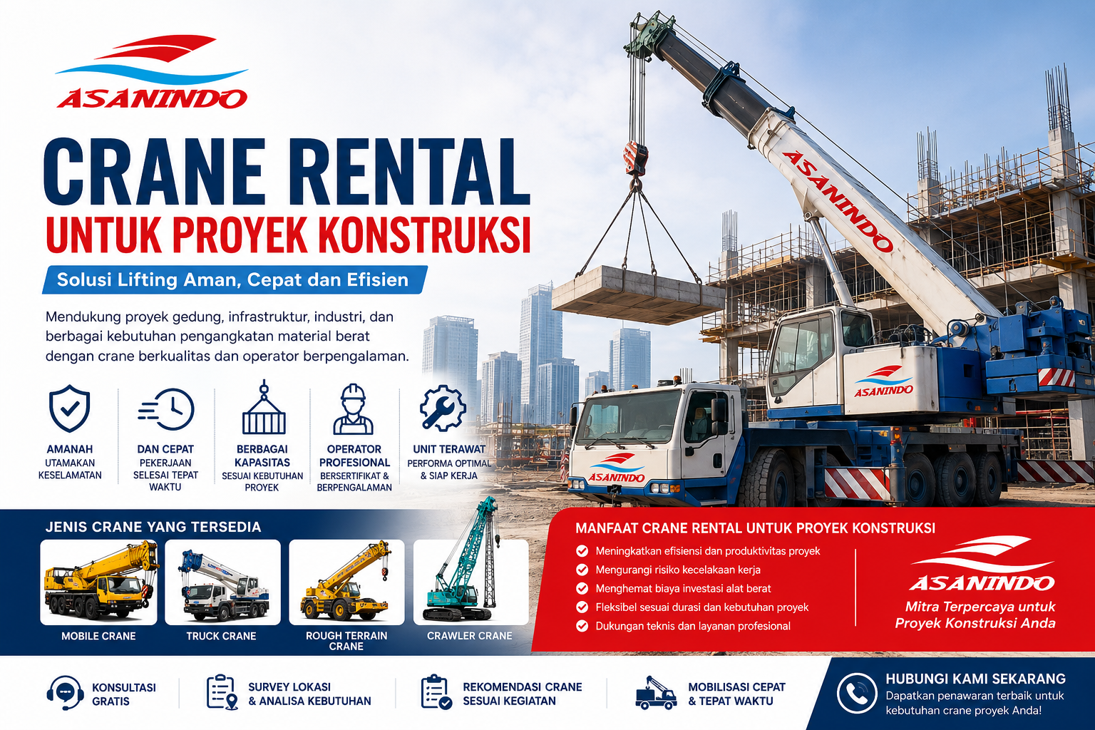 Crane Rental untuk Proyek Konstruksi menggunakan mobile crane profesional untuk pengangkatan material berat pada proyek gedung dan infrastruktur di Indonesia.