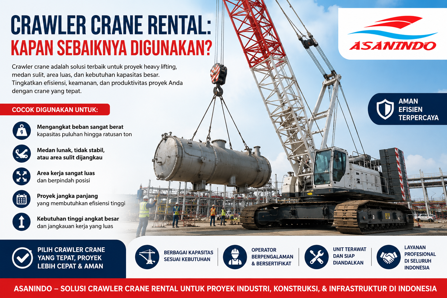 Crawler Crane Rental untuk pengangkatan beban berat pada proyek konstruksi, industri, dan infrastruktur di Indonesia