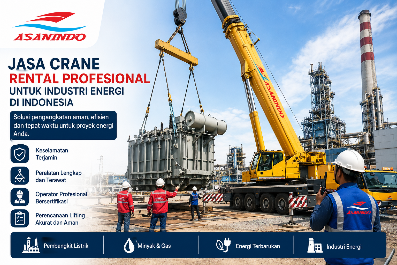 Jasa Crane Rental Profesional digunakan untuk pengangkatan peralatan berat pada proyek industri energi di Indonesia.