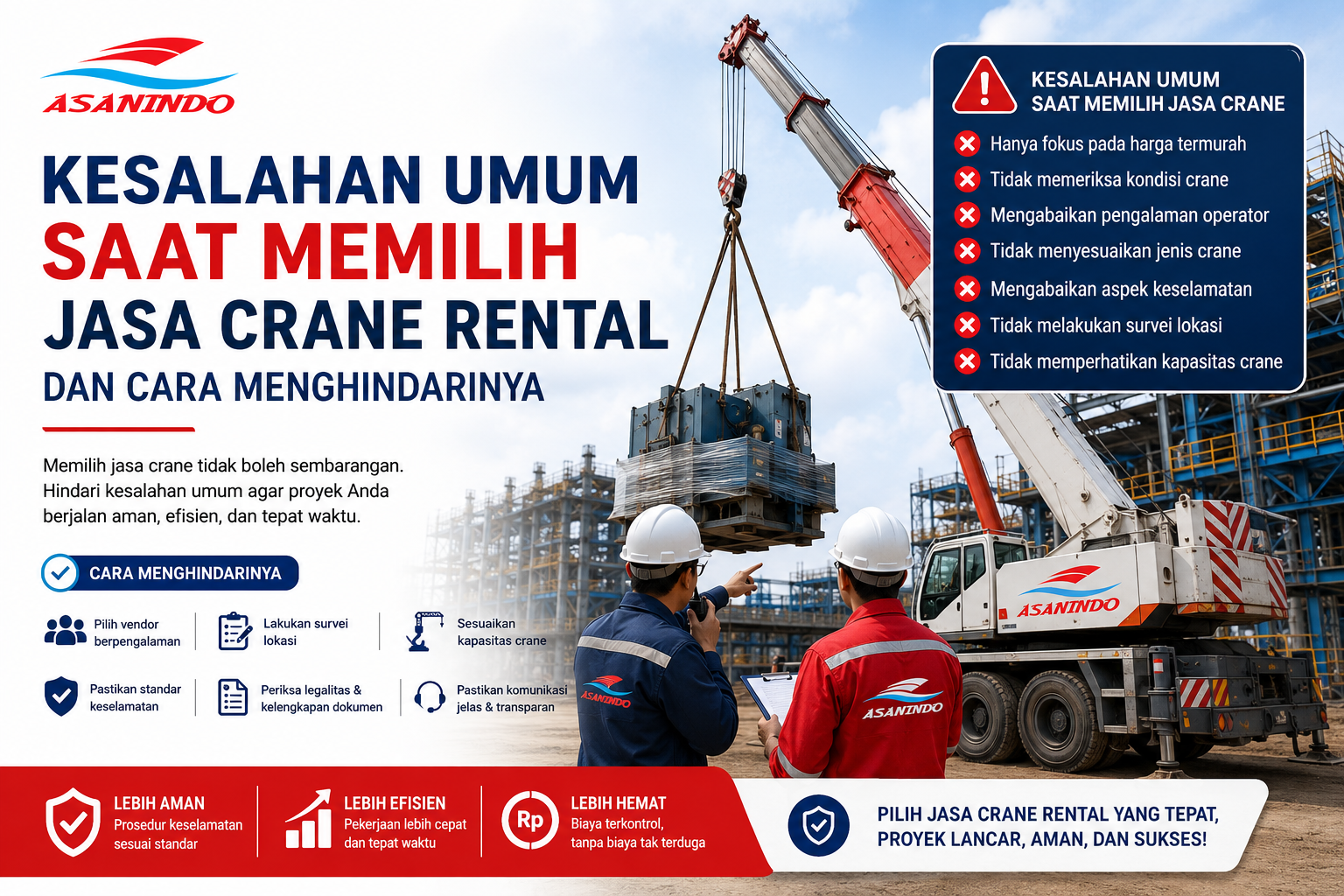 Kesalahan umum saat memilih jasa crane rental di Indonesia beserta cara menghindarinya dengan memilih penyedia crane profesional yang mengutamakan keselamatan, kualitas armada, dan operator berpengalaman.