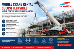 Mobile Crane Rental dengan crane modern sedang mengangkat material berat pada proyek konstruksi gedung di Indonesia