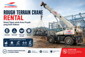 Rough Terrain Crane rental sedang mengangkat peralatan berat di area proyek konstruksi dengan medan sulit diakses untuk mendukung pekerjaan industri dan infrastruktur di Indonesia.