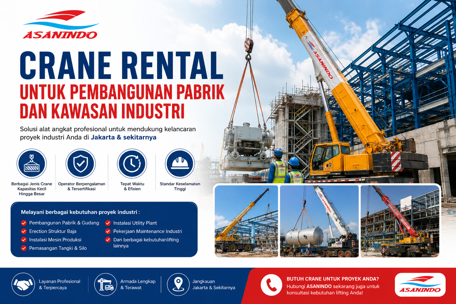 Crane Rental untuk Pembangunan Pabrik dan Kawasan Industri dengan armada crane lengkap untuk mendukung proyek konstruksi pabrik dan kawasan industri
