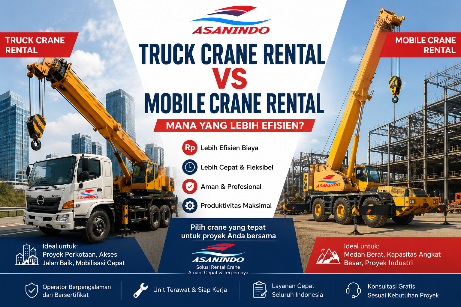 Truck Crane Rental vs Mobile Crane Rental pada proyek konstruksi dan industri di Indonesia untuk pekerjaan lifting material berat secara efisien