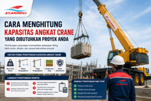 Ilustrasi cara menghitung Kapasitas Angkat Crane menggunakan mobile crane untuk proyek konstruksi di Indonesia dengan mempertimbangkan berat beban, radius kerja, tinggi pengangkatan, dan faktor keselamatan.