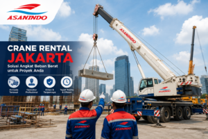 Crane Rental Jakarta menggunakan mobile crane ASANINDO untuk pengangkatan material pada proyek konstruksi gedung di Jakarta dengan operator profesional dan armada yang terawat.