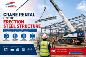 Crane Rental untuk Erection Steel Structure dengan mobile crane ASANINDO mengangkat struktur baja di area proyek konstruksi