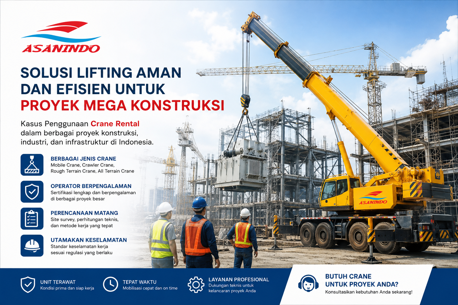 Studi kasus penggunaan crane rental ASANINDO untuk proyek mega konstruksi, industrial lifting, instalasi equipment, dan pekerjaan berat di Indonesia.