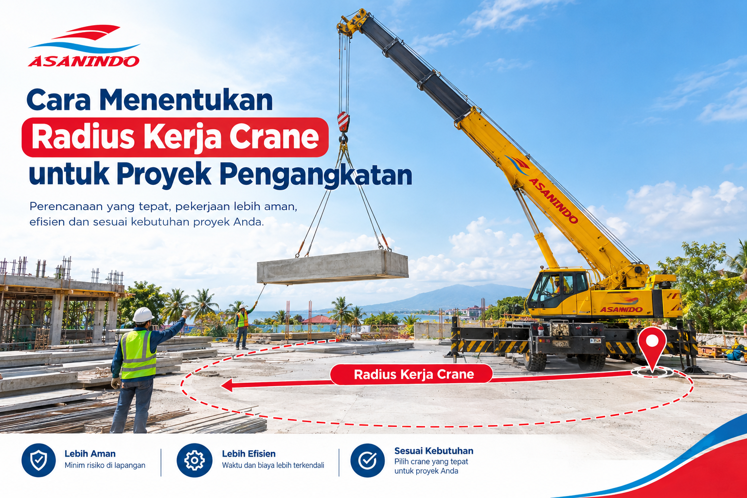 Operator dan tim proyek menentukan radius kerja crane sebelum proses pengangkatan material berat di Indonesia