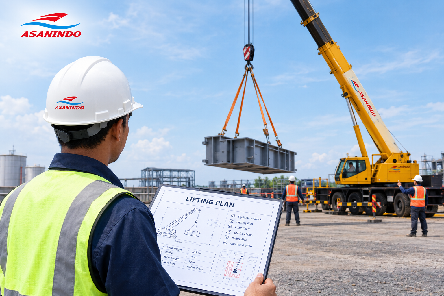 Lifting Plan untuk pengangkatan beban menggunakan crane di area industri dengan pengawasan tim keselamatan kerja